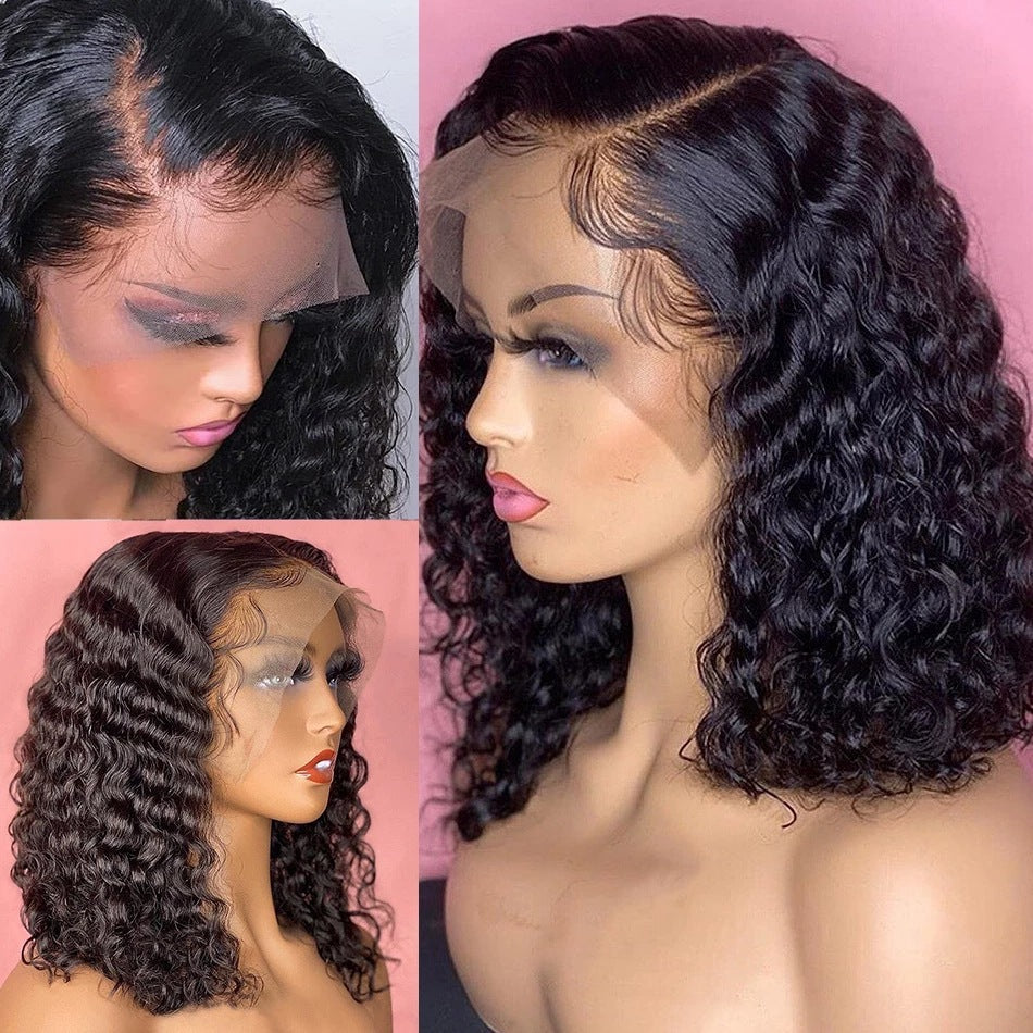 Front Lace Fluffy Black Medium Length Small Curly Wig